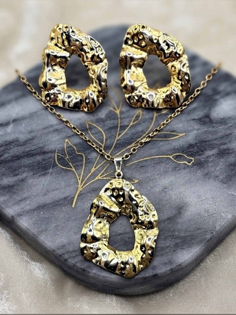Gold Textured Jewelry Set steel 18k gold - Picture 2 of 2